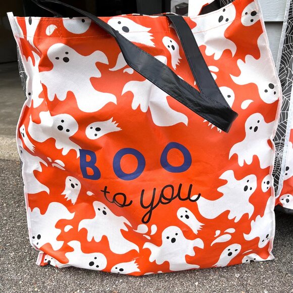 ❤️3/$30! 2 XL Halloween Tote Bag Ghost Orange Spiderweb Large Storage Shopping - Picture 3 of 6